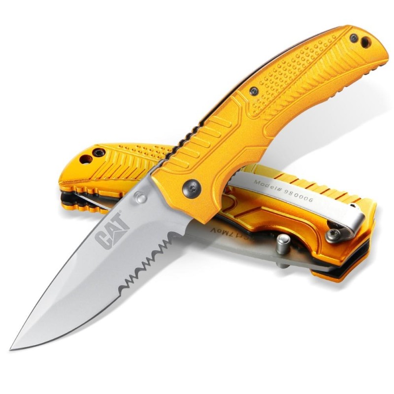 CAT DA980006 Kemer Askı Kancalı Katlanabilir 20CM Paslanmaz Çelik Sarı Kamp Çakısı