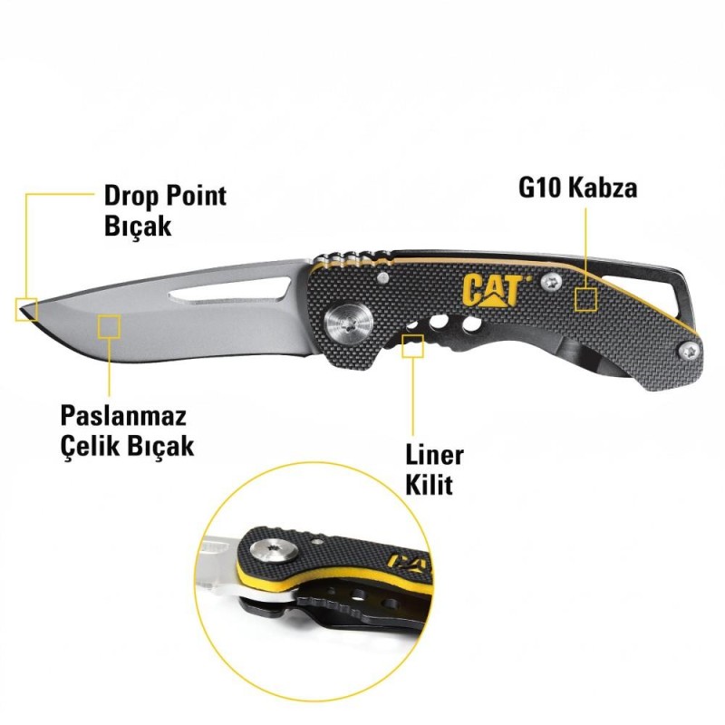 CAT DA980010 Kemer Askı Kancalı Katlanabilir 12CM Paslanmaz Çelik Kamp Çakısı