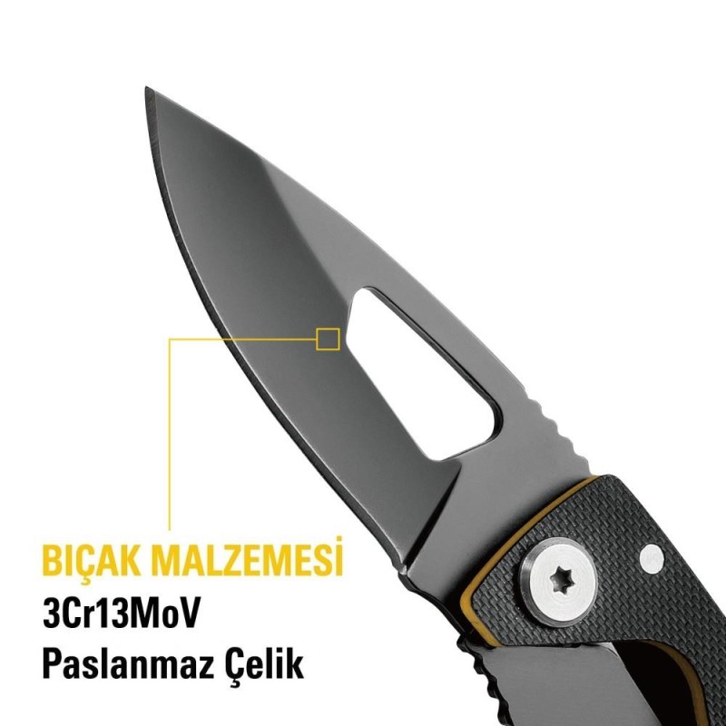 CAT DA980266 Kemer Askı Kancalı Karabinalı Katlanabilir 13CM Paslanmaz Çelik Siyah Kamp Çakısı