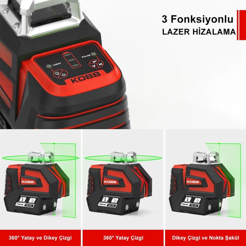 KOBB KBL32G Profesyonel Li-ion Yatay 360° ve Dikey Otomatik Hizalamalı Yeşil Nokta Şakül ve Yeşil Çapraz Çizgi Lazer