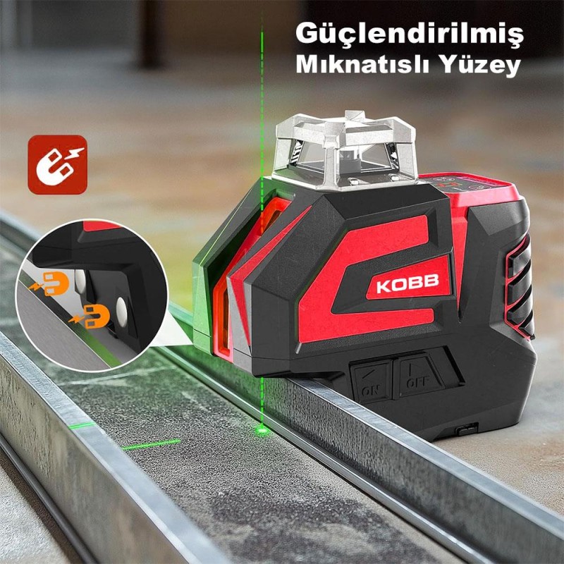 KOBB KBL32G Profesyonel Li-ion Yatay 360° ve Dikey Otomatik Hizalamalı Yeşil Nokta Şakül ve Yeşil Çapraz Çizgi Lazer