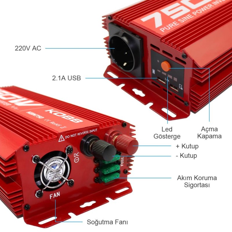 KOBB KBN750 12V/220V 750Watt Tam Sinüs Dönüştürücü İnvertör