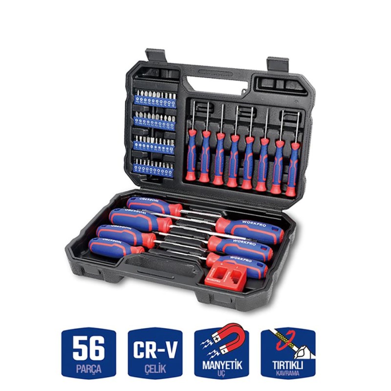 WORKPRO WP200518 56 Parça CR-V Manyetik Profesyonel Tornavida & Bits Uç Seti