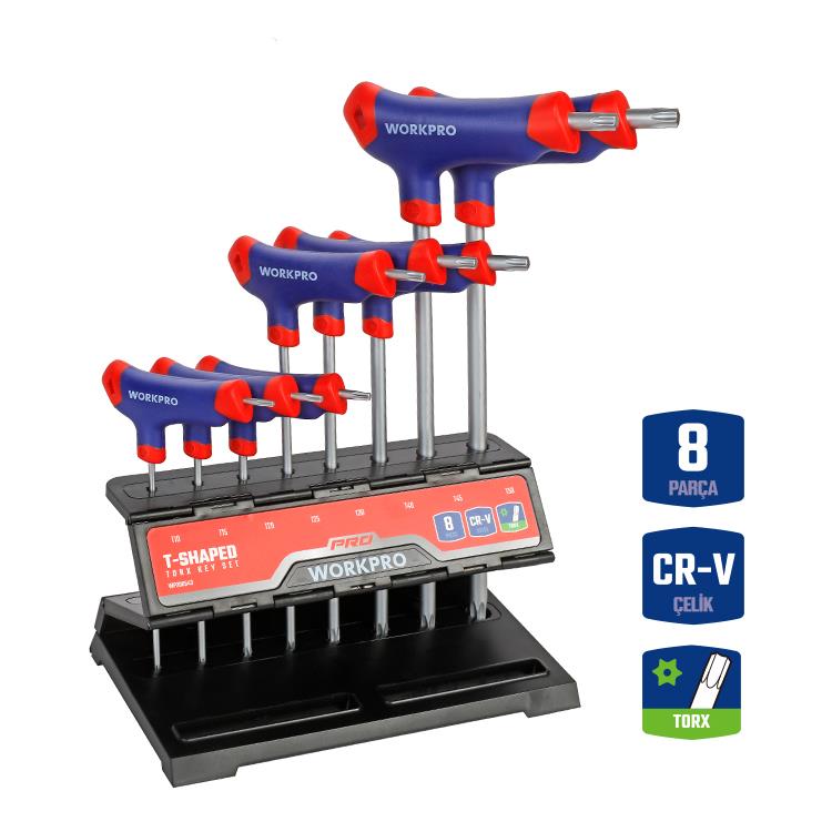 WORKPRO WP200543 8 Parça CR-V T Tipi Uzun Delikli Torx Profesyonel Allen Anahtar Takımı