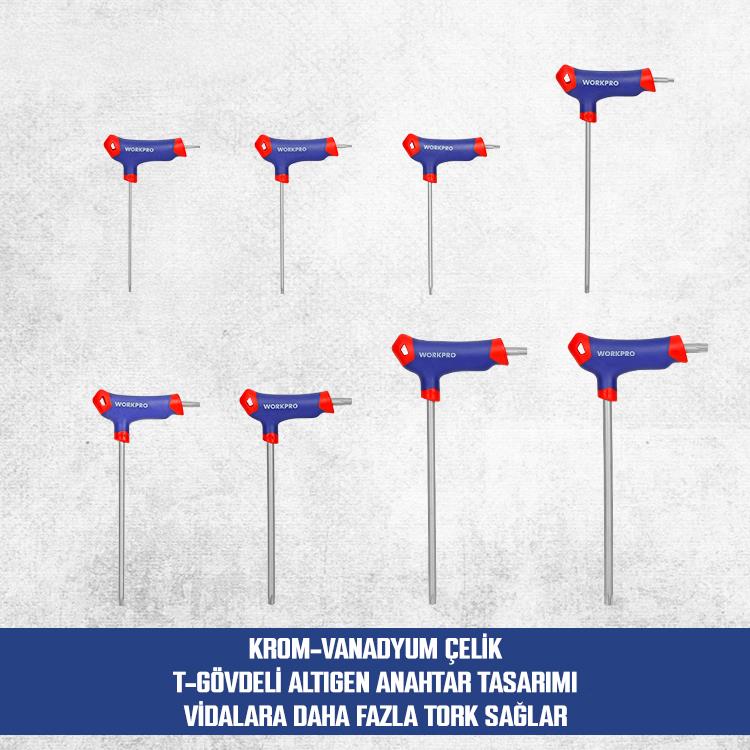 WORKPRO WP200543 8 Parça CR-V T Tipi Uzun Delikli Torx Profesyonel Allen Anahtar Takımı