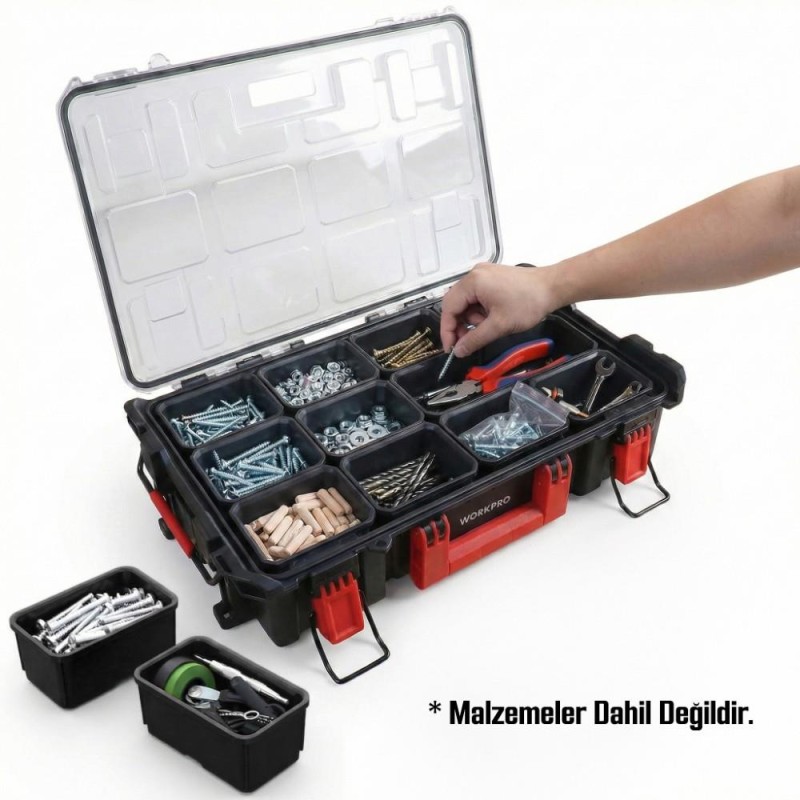 WORKPRO WP283029 24Lt 12 Gözlü Şeffaf Kapaklı İstiflenebilir 56x35x12,5cm Profesyonel Organizer Takım Çantası