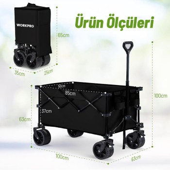 WORKPRO WP285016 100Kg 4 Tekerli Katlanabilir Ağır Hizmet Taşıma Arabası / Plaj Arabası